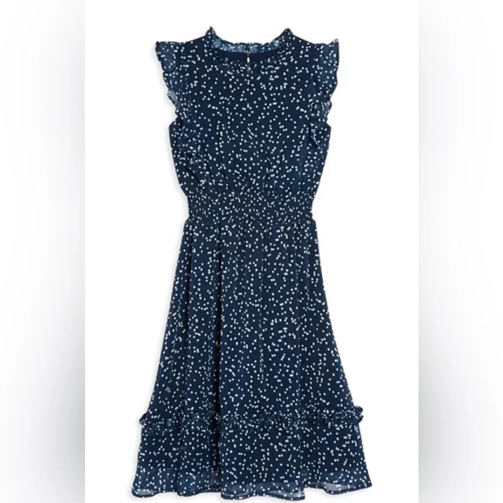 Aqua | Girl’s Flutter Dot Print Midi Dress | Blue/White | M